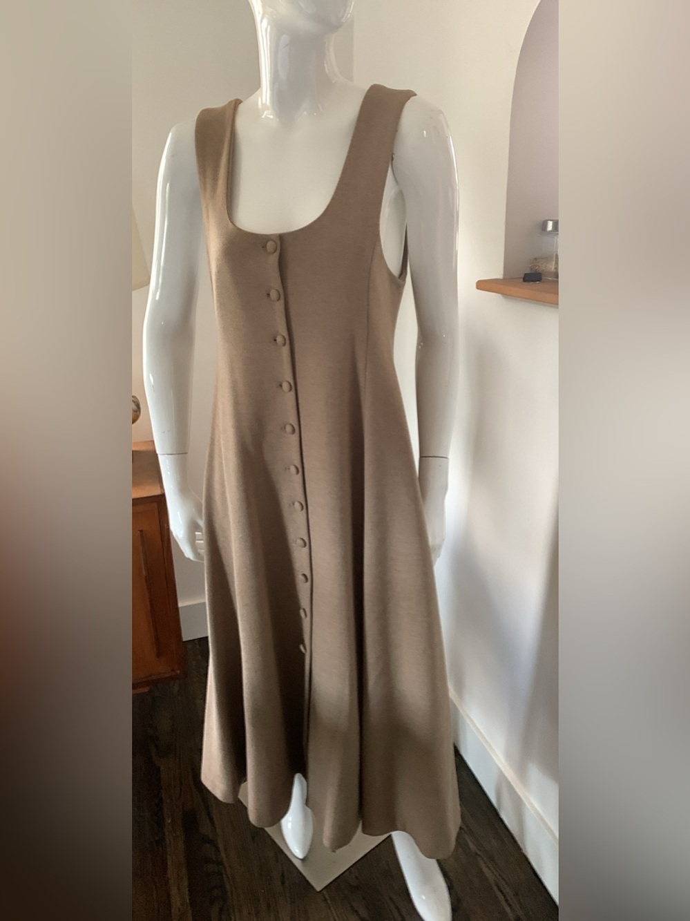 Sleeveless Wool Blend Button-Front A-Line Dress in Camel